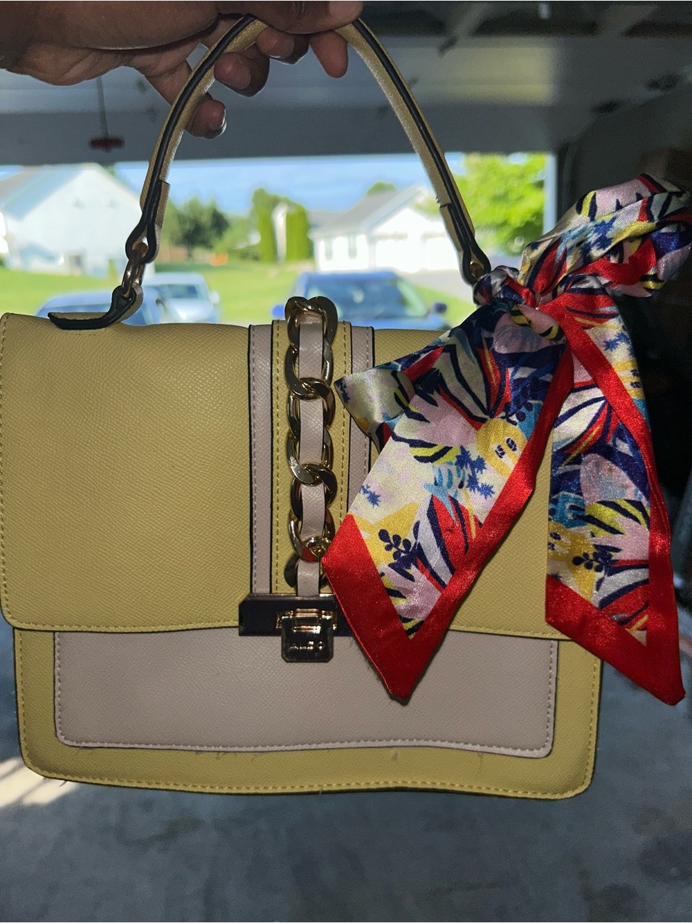 Aldo Butter Yellow and Cream Top-Handle Satchel with Floral Scarf Accent
